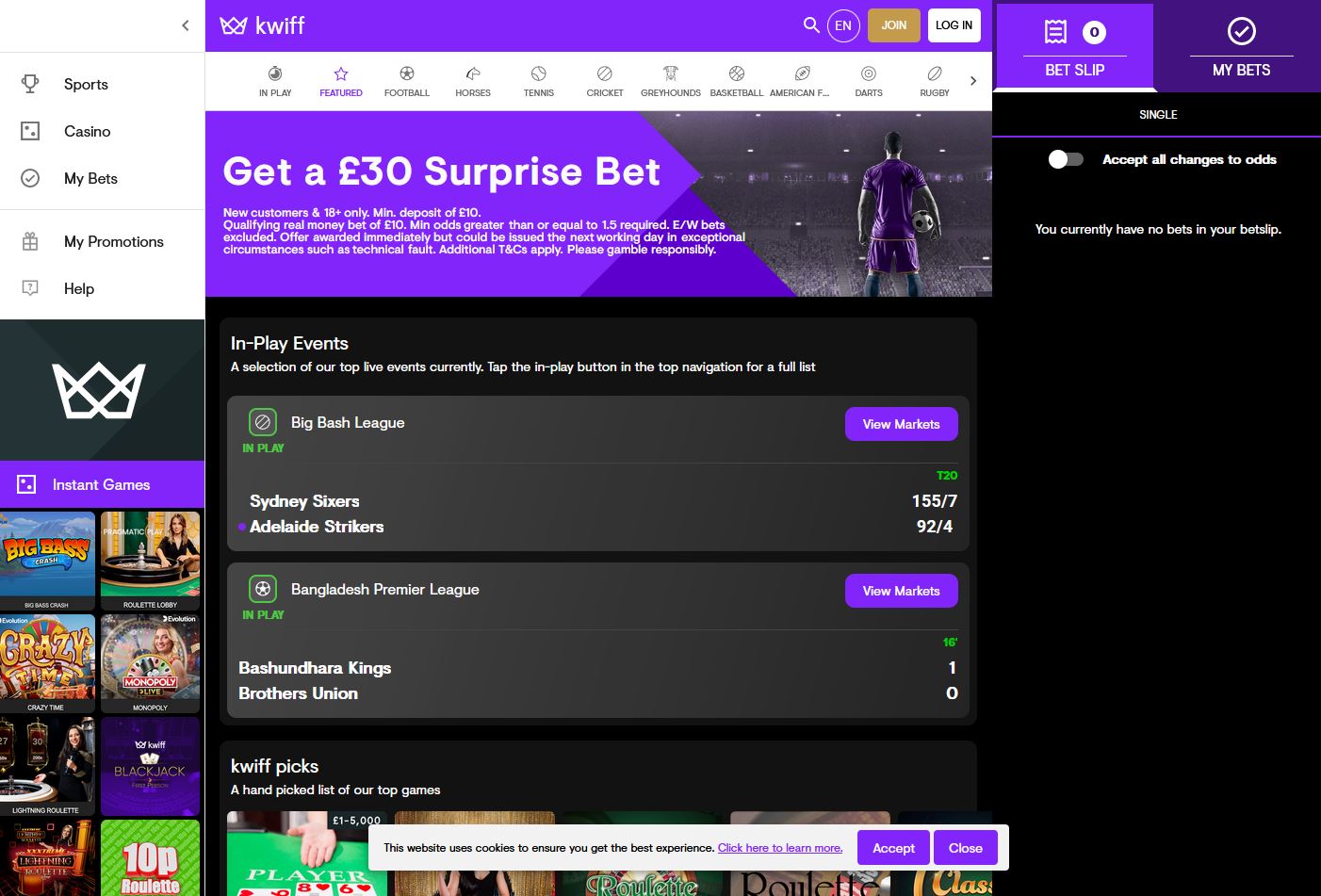 Kwiff Casino Website Screenshot