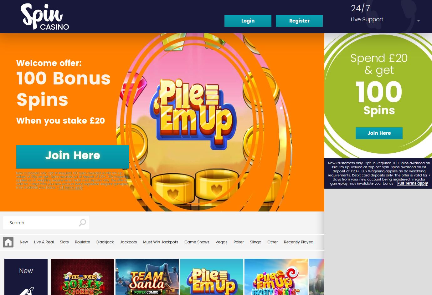 Spin Casino Website Screenshot